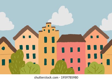 Seamless vector border with colorful houses in hand drawn style. 