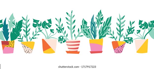 Seamless vector border colorful plant pots. Repeating pattern with potted indoor plants. Design for fabric trim, ribbon, card decor, duct tape, footer, letterhead