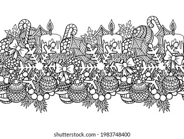 Borde vectorial transparente para colorear antiestrés para adultos. Composición de Año Nuevo de ramas de árboles de Navidad, juguetes, copos de nieve y velas. ilustración de Navidad