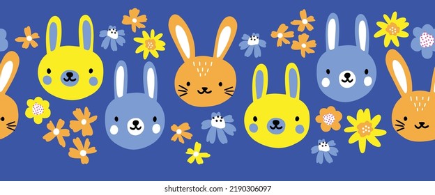 Seamless Vector Border With Cute Bunny Faces. Repeating Horizontal Pattern Happy Easter Wishes Bunnies Rabbits. Use For Baby Decor, Holiday Cards, Banners, Ribbons, Fabric Trim, Kids Wear.