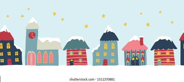 Seamless Vector border with cute hand drawn house in kids cartoon style. Winter cityscape with snow repeating illustration. Horizontal Christmas holiday border for decor, greeting cards, ribbons,