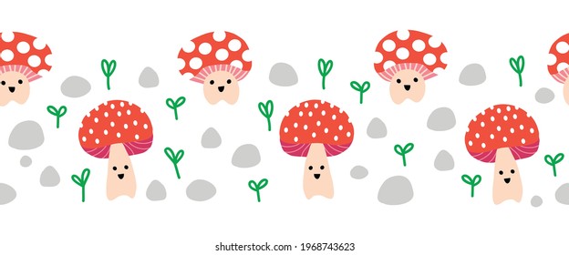 Seamless vector border cute toadstools. Cute horizontal repeating kids pattern mushroom fungi with smiling faces. Surface pattern design for fabric trim, kids, children decor, footer, card decor.