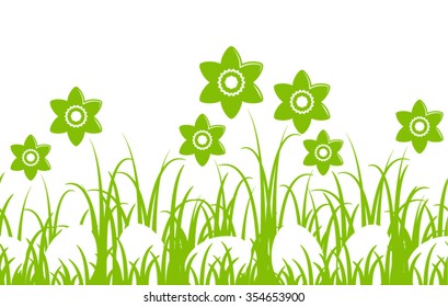 seamless vector border with daffodils and eggs in grass isolated on white background