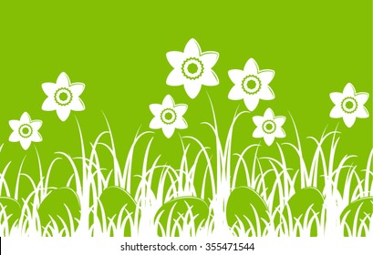seamless vector border with daffodils and eggs in grass isolated on green background