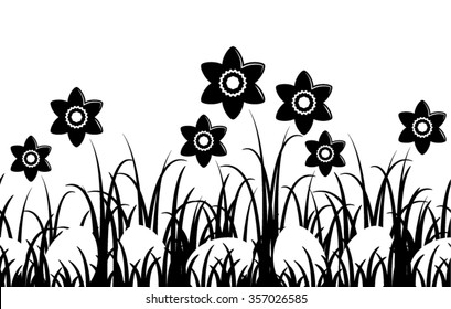 seamless vector border with daffodils and eggs in grass isolated on white background