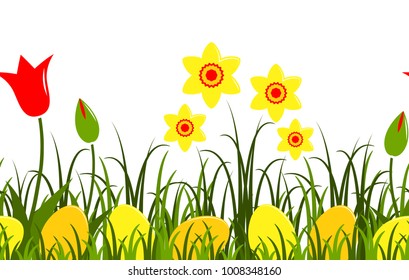 seamless vector border with daffodils, tulips and easter eggs in grass isolated on white background