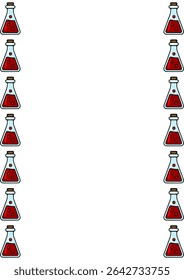 Seamless vector border design featuring repeating illustrations of glass flasks filled with vibrant red liquid, perfect for adding a touch of scientific or potion-related aesthetic to your projects.