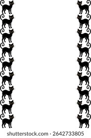 Seamless vector border design featuring a repeating pattern of cute black cats with curled tails and orange eyes, perfect for Halloween or whimsical designs.