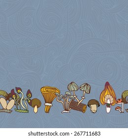 Seamless vector border of different mushrooms.