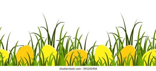 seamless vector border with easter eggs in grass isolated on white background
