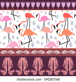 Seamless vector border with exotic birds and flowers. Flamingo pattern with diamonds, lotus and leaves ornaments. Ethnic textile collection. White, purple.