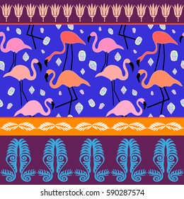 Seamless vector border with exotic birds and flowers. Flamingo pattern with diamonds, lotus and leaves ornaments. Ethnic textile collection. Blue, purple.