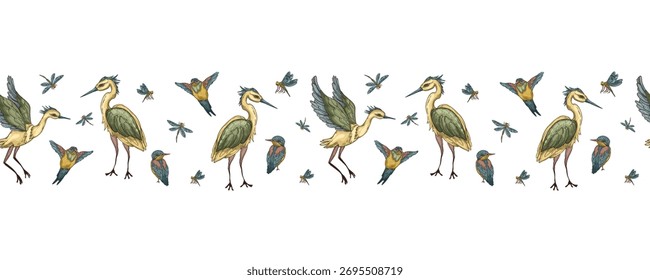 A seamless vector border featuring hand-drawn illustrations of herons, kingfishers, and dragonflies. This repeating, artistic design is ideal for textile prints, stationery, invitations
