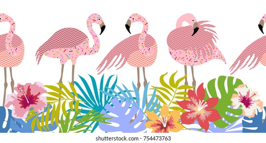 Seamless vector border with flamingos and tropical flowers. Abstract pattern with exotic birds and palm leaves inspired by aloha design. Textile print for scarfs, dresses, carpets.