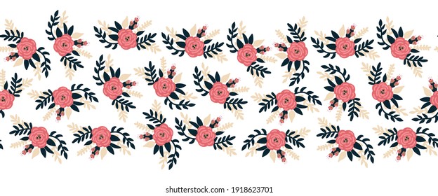 Seamless vector border flat rose flowers pink horizontal. Romantic florals leaves old rose pink color repeating pattern. Peony flowers hand drawn cute illustration for banners, fabric trim, footer .