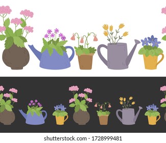 Seamless vector border with flowers in different containers on a white and black background. Flowers in pots, a jug and a watering can.