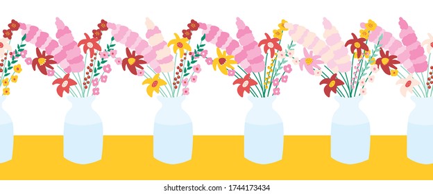 Flores de vectores sin foco en jarrón. Vasos de patrón repetitivo con flores de primavera y verano. Uso para guarnecido de tela, cintas, cinta adhesiva, decoración de tarjetas, invitaciones para fiestas de verano, tarjetas, decoración de bodas