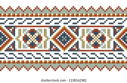 Seamless vector border. Folk ornament in the style of embroidery. Pixel decorative element for textiles.