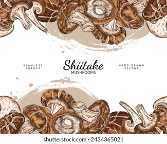 Seamless vector border with frame of shiitake mushrooms, in graphic style, and place for text. Ideal for cards and invitations highlighting organic Asian, vegetarian food.
