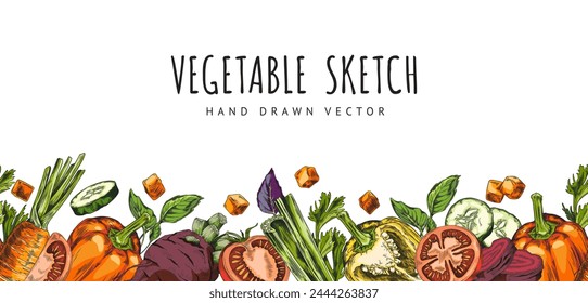 Seamless vector border with fresh whole and sliced vegetables. Colorful banner design with vegetables and empty space. Ideal for invitations or promotions.