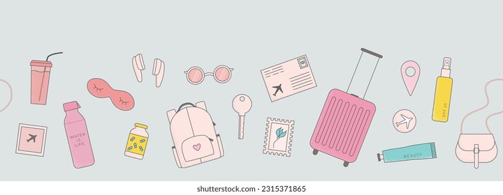 Seamless vector border with girly travel elements. Bright luggage, sleep mask, water
