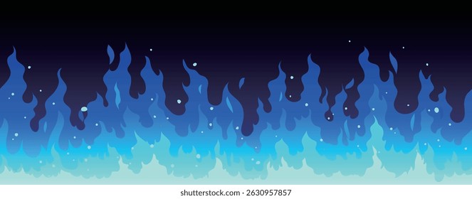 A seamless vector border of glowing blue flames with light particles, set against a dark background. Ideal for fantasy themes, magic effects, or cool fire visuals in games and digital designs