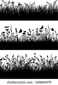 Seamless vector border of grass and flowers silhouette