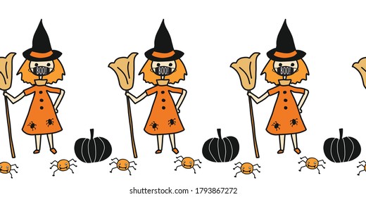 Seamless Vector Border Halloween Witch Wearing Face Mask, Pumpkin, Spider. Coronavirus Halloween 2020 Repeating Pattern. Cute Hand Drawn Kids Illustration For Fabric Trim, Cards, Party Invitations.