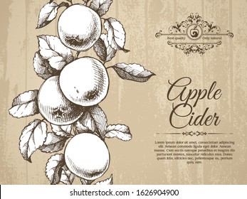 Seamless vector border hand drawn apple fruits illustration on wood texture background. Elegant template design in vintage style