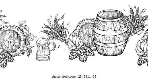 Borda vetor sem costura com cones de lúpulo desenhados à mão, barril de cerveja de madeira em branco preto isolado. Um monte de orelhas de trigo e caneca de cerveja pintada monocromática em textura repetida para Oktoberfest, cervejaria.