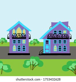 Frontera vectorial sin mar con casas dibujadas a mano, paisaje rural, ilustración vectorial.