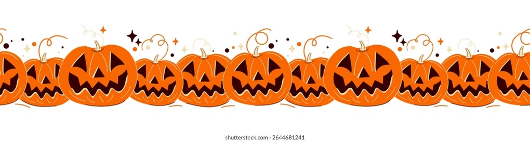 Seamless vector border with a horizontal row of artistically illustrated jack-o-lanterns. Halloween pumpkin garland isolated on a white background. For web banners, dividers, or frames.