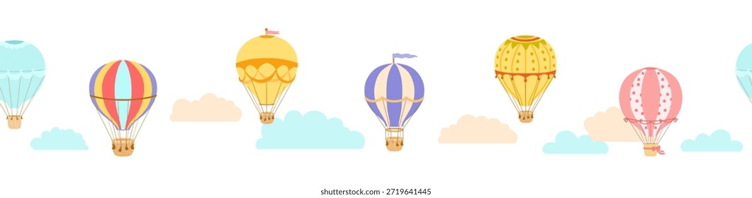 Borda de vetor sem costura com balões de ar quente em nuvens, desenhadas à mão repetindo ilustrações no fundo branco