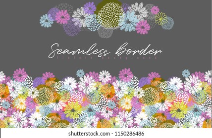 Borde vectorial transparente con flores de doodle estilizadas limón, blanco, azul, rosa y lugar para su texto sobre fondo gris.