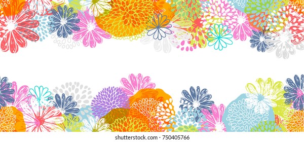 Seamless vector border with lemon, white, blue, pink stylized doodle flowers and place for your text on white background.