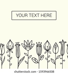 Seamless vector border made of minimalist flowers. Floral design for postcards, print or decoration with a text box