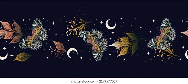 Seamless vector border with moon, herbs, stars and butterflies. Decorative ornament. Graphic pattern for astrology, esoteric, tarot, mystic and magic. 