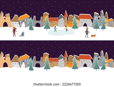 Seamless vector border with night winter city or snowy village. People walking and skating. Christmas or new year scene. Vector hand drawn illustration. 