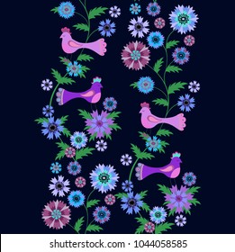 Seamless vector border ornament with birds and flowers on dark background
