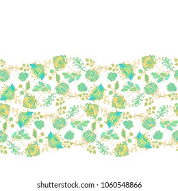 Seamless vector border ornament with decoratie green - golden  -turquoise tulip flowers on white background