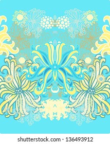 Seamless vector border ornament with sea anemones on blue turquoise background