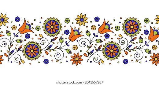 Seamless vector border pattern. Floral Slavic ornament. Bright decorative print for textiles, embroidery, paper. 