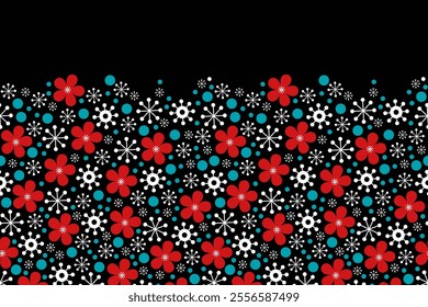 Seamless vector border pattern with floral ornament on black background. Design for decoration, textile, fabrics.