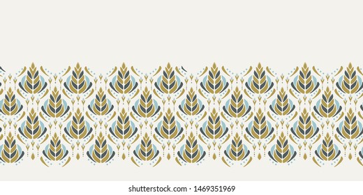 Seamless vector border pattern. Hand drawn leaf floral damask. Ornamental baroque all over print. Retro art deco banner trim