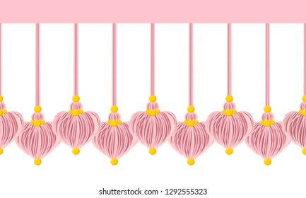 Seamless vector border pattern, horizontal line. Tassels with yarn or tread hearts, beads and rope. Pastel pink, rose colors on white background. Love, Valentine’s day, wedding design for headers