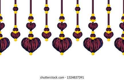 Seamless vector border pattern, horizontal line. Tassels with yarn or tread hearts, beads, ropes on white background. Abstract design, red and black colors. Template for headers, cards, paper tapes 