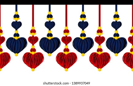 Seamless vector border pattern, horizontal line. Tassels with yarn or tread hearts, beads, ropes on white background. Abstract design, red and black colors. Template for headers, cards, paper tapes 
