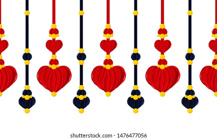 Seamless vector border pattern, horizontal line. Tassels with yarn or tread hearts, beads, ropes on white background. Abstract design, red and black colors. Template for headers, cards, paper tapes 