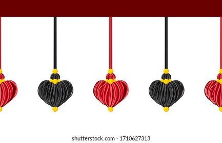 Seamless vector border pattern, horizontal line. Tassels with yarn or tread hearts, beads, ropes on white background. Abstract design, red and black colors. Template for headers, cards, paper tapes 
