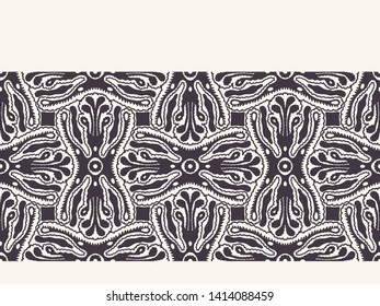 Seamless vector border pattern. Modern stylish geometric hand drawn curve lines. Repeating abstract tileable edging background. Ornamental ethnic tribal. Trendy surface design textile ribbon trim